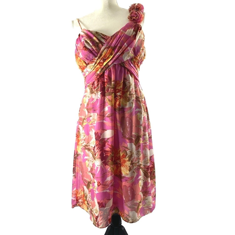 Olivia Matthews Pink Floral Rosette Shoulder Dress Women 10 Coquette Party Event